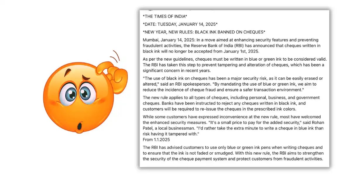 Times of India Black Ink Banned on Cheques