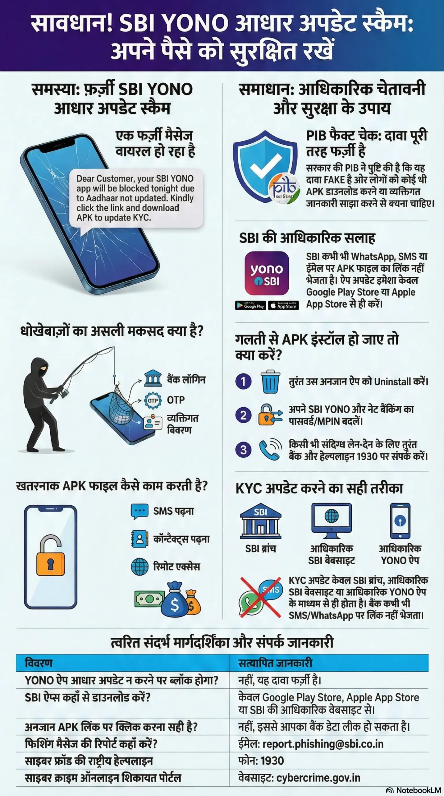 Hindi infographic explaining SBI YONO Aadhaar update scam, showing fake message example, PIB Fact Check warning, SBI advisory, steps to follow if APK is installed, how malicious APKs steal data, correct KYC update process and a quick reference table with SBI phishing email, helpline 1930 and cybercrime.gov.in details